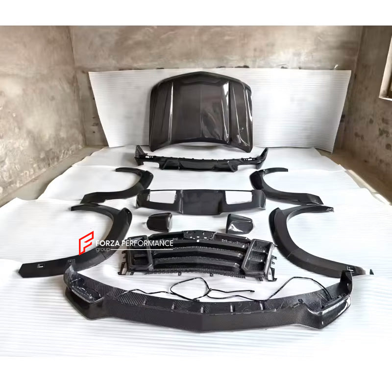 DRY CARBON BODY KIT for CADILLAC ESCALADE 2021 - 2024

Set includes:


Front Lip with Led DRL
Front Grille
Hood / Bonnet
Side Mirror Covers
Fender Flares

Roof Spoiler
Rear Diffuser

Material: Carbon Fiber

Note: Professional installation is required.