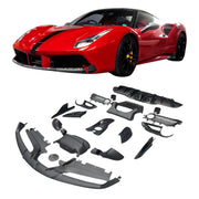 DRY CARBON BODY KIT for FERRARI 488 2015 - 2020

Set includes:

Front Lip
Side Mirror Covers
Side Skirts Add-Ons
Rear Air Guide
Gas Cap
Engine Bay Panel
Engine Compartments Side Covers
Airbox Lock Cover
Tailpipe
Rear Diffuser

Material: Carbon fiber