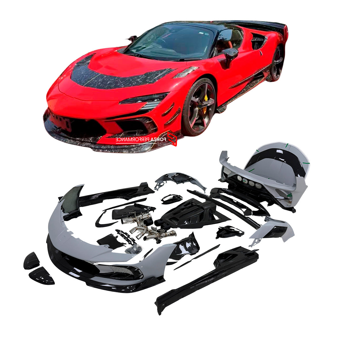 CARBON BODY KIT for FERRARI SF90

Set includes:

Front Lip
Front Bumper Assembly
Hood Bonnet
Front Fenders
Side Mirror Covers
Side Skirts
Side Air Vents
Rear Engine Bay Lid
Rear Wing Spoiler
Rear Bumper Assembly

Exhaust System

Material: Dry Carbon Fiber

Note: Professional installation is required.

Why “Contact Us for Pricing”?

We don’t display fixed prices because our goal is to offer you the most competitive deal possible. Product costs often decrease over time, and by requesting a quote, you’ll recei