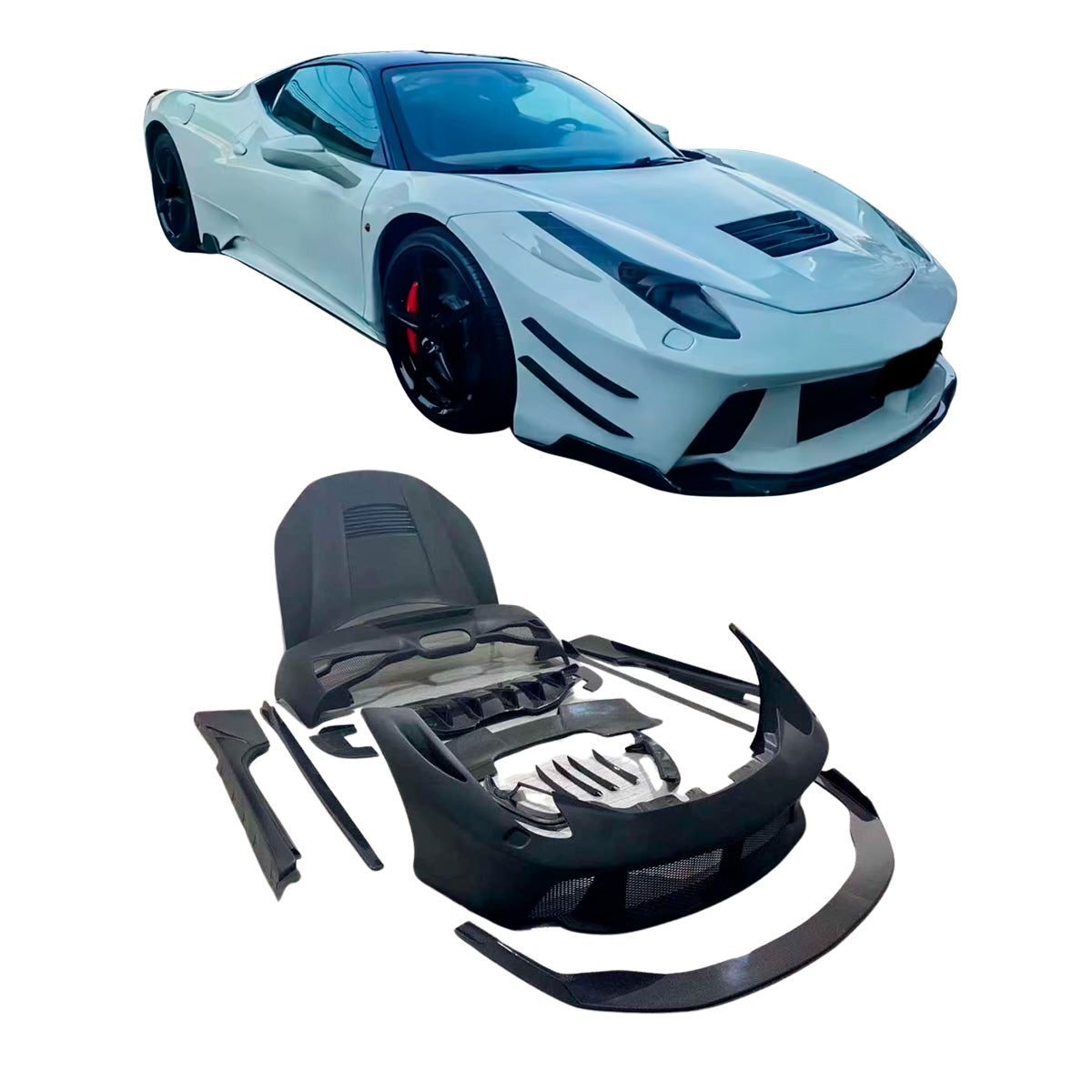 WIDE BODY KIT for FERRARI 458 ITALIA 2009 - 2015

Set includes:

Front Lip
Front Bumper
Front Canards
Front Hood / Bonnet
Side Skirts
Side Skirts Add-On
Rear Spoiler
Rear Bumper
Rear Diffuser

Material: Carbon Fiber with Fiberglass
