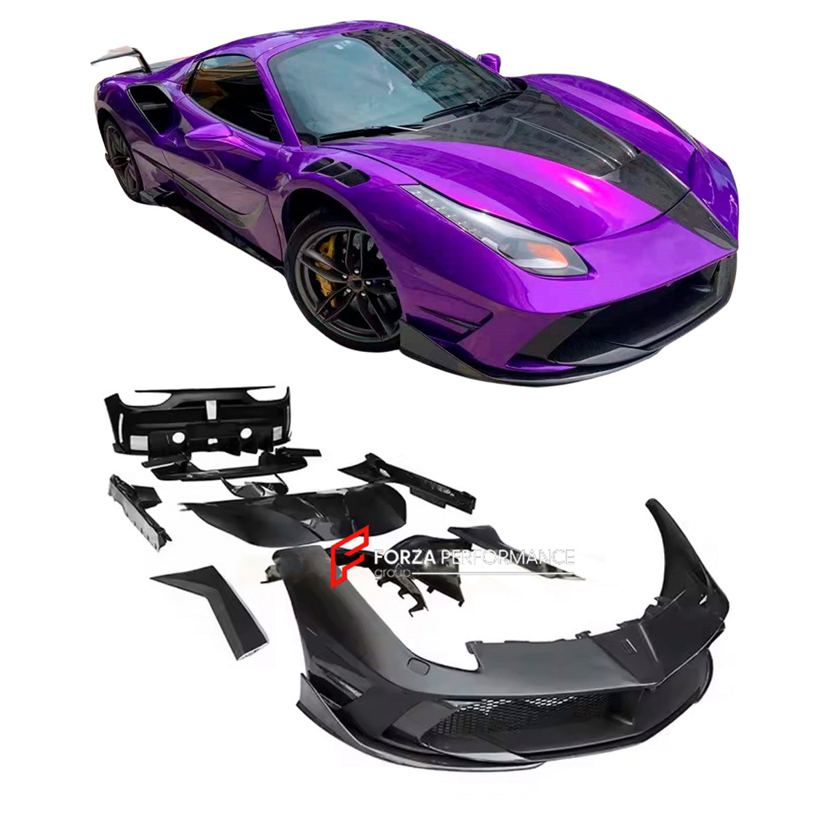 WIDE BODY KIT for FERRARI 488 2015 - 2020

Set includes:

Front Lip
Front Bumper
Hood / Bonnet
Front Fenders
Side Skirts
Rear Spoiler
Rear Bumper
Rear Diffuser

Material: Fiberglass with Carbon Fiber

* Contact us for pricing