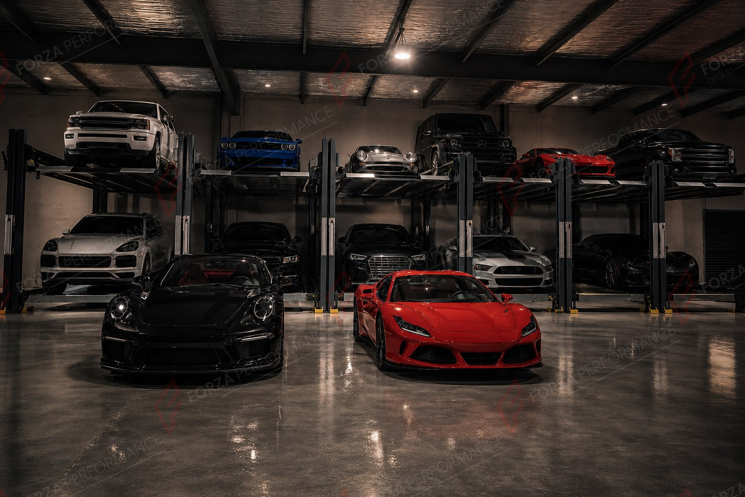 FP-360X Extended Four-Post Garage Parking Lift - 3-Car Drive-On Storage - aparcamiento de coches / système de stationnement