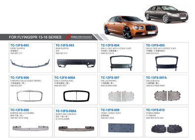 FRONT AND REAR BUMPERS for BENTLEY FLYING SPUR 2013 - 2016  Set includes:  Front Bumper (4W0 807 217) Rear Bumper (4W0 807 417) Grille Case With License Plate (4W0 853 651B) Grille Case W/O License Plate (4W0 853 651C) Chromed Grille Case (Chrome) (4W0 853 667) Grille Case (Black) (4W0 853 667) Grille (Chrome) (4W0 853 683/684) Grille (Black) (3W0 853 683D/684C) Bumper Grille (Chrome) (4W0 807 647E/648J) Bumper Grille (Black) (4W0 807 647G/648M) Front License Plate (4W0 807 285A)