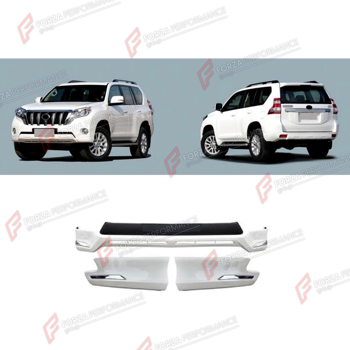 FRONT BUMPER AND REAR BUMPER for TOYOTA LAND CRUISER PRADO 150 2009 - 2016

Set includes:
Front Bumper
Rear Bumper

Material: Plastic

NOTE: Professional installation is required.