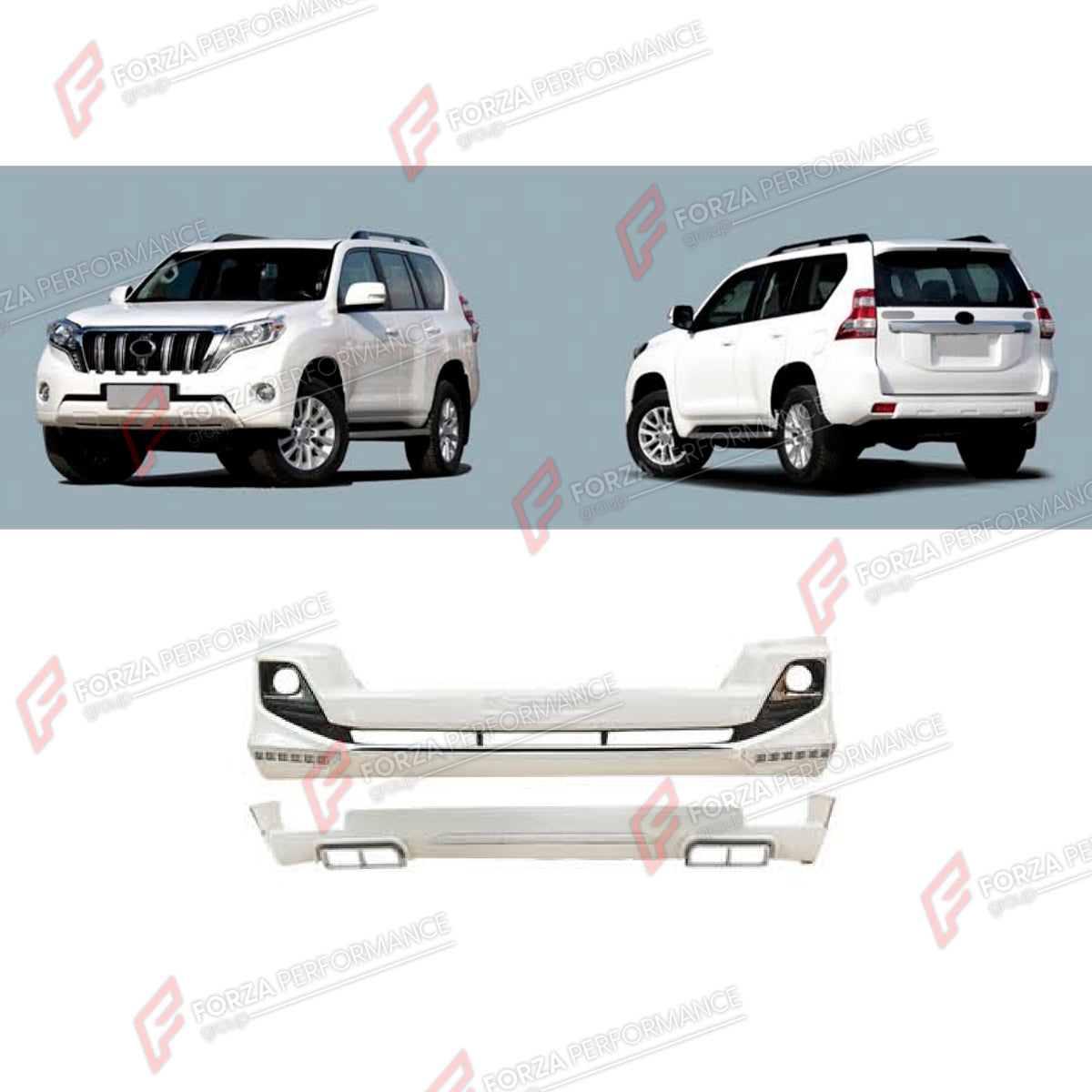 FRONT BUMPER AND REAR BUMPER for TOYOTA LAND CRUISER PRADO 150 2009 - 2016

Set includes:
Front Bumper
Rear Bumper

Material: Plastic

NOTE: Professional installation is required.