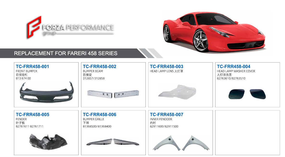 FRONT BUMPER AND SIDE FENDERS for FERRARI 458  Set includes:  Front Bumper (813 674 00) Bumper Beam (312857/312858) Head Lamp Lens Head Lamp Washer Cover (82763610/82763510) Bumper Grille (81368500/81368400) Inner Fender (82911600/82911500) Fender (82761611/82761711)