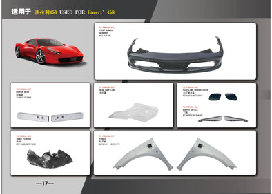 FRONT BUMPER AND SIDE FENDERS for FERRARI 458  Set includes:  Front Bumper (813 674 00) Bumper Beam (312857/312858) Head Lamp Lens Head Lamp Washer Cover (82763610/82763510) Bumper Grille (81368500/81368400) Inner Fender (82911600/82911500) Fender (82761611/82761711)