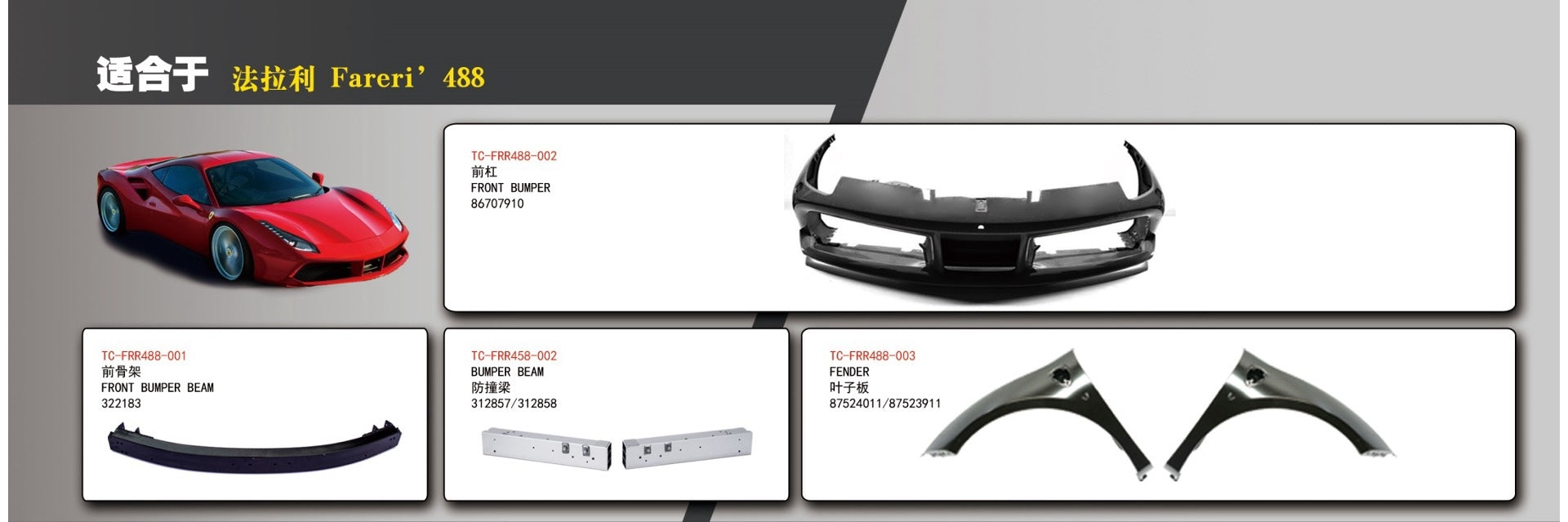 FRONT BUMPER AND SIDE FENDERS for FERRARI 488  Set includes:  Front Bumper (86707910) Front Bumper Beam (322183) Bumper Beam (312857/312858) Fender (87524011/87523911)