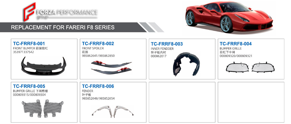 FRONT BUMPER AND SIDE FENDERS for FERRARI F8  Set includes:  Front Bumper (353971337542) Front Spoiler (985862641/985862850) Inner Fender (000862017) Bumper Grille (000809315/000809304) Bumper Grille (000809320/000809321) Fender (985852648/985852654)
