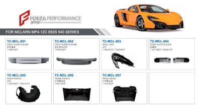 FRONT BUMPER AND TRUNK for MCLAREN MP4-12C 650S 540C  Set includes:  Front Bumper Beam (11A6610CP) Front Bumper Spume (11A6859CP) Head Lamp (11A8247CP 11A8248CP) Front Bumper Beam (11A7198CP 11A4451CP) Inner Fender (11A8140CP 11A8141CP) Trunk (Front) (11A6136CP) Trunk (Rear) (11A3520CP)