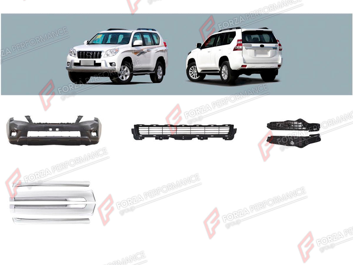 FRONT BUMPER ASSEMBLY AND BODY SIDE DOOR MOLDINGS for TOYOTA LAND CRUISER PRADO 150 2009 - 2016

Set includes:
Front Bumper Assembly
Front Grille
Body Side Door Moldings

Material: Plastic

NOTE: Professional installation is required.