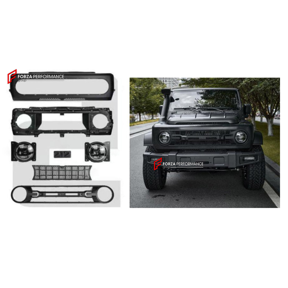 FRONT BUMPER ASSEMBLY for BAW 212 T01 2024+ FORZA PERFORMANCE custom fit Night Cavalry Style

Set includes:
Front Bumper Assembly
Front Grille
Headlights

Material: Plastic

NOTE: Professional installation is required. Must be installed together.