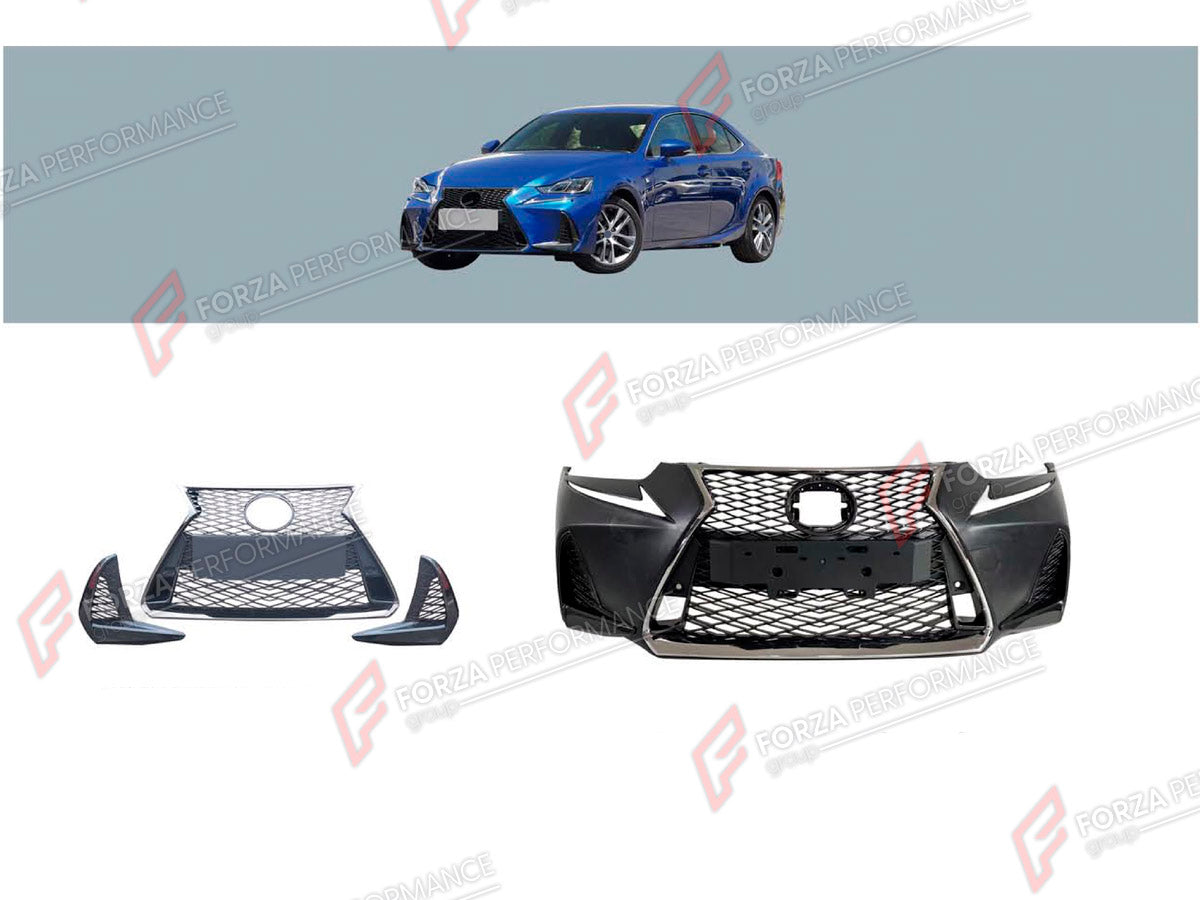 FRONT BUMPER ASSEMBLY for LEXUS IS250 FACELIFT 2016 - 2022 FORZA PERFORMANCE custom fit F-Sport Style

Set includes:
Front Bumper Assembly
Front Grille

Material: Plastic

NOTE: Professional installation is required.