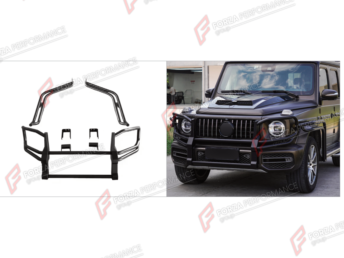 FRONT BUMPER BULL BAR for MERCEDES-BENZ G-CLASS W464 G63 2019 - 2024 FORZA PERFORMANCE custom fit Off-Road
Set includes:

Front Bumper Bull Bar
Material: Plastic, Stainless Steel, Aluminium

NOTE: Professional installation is required.
