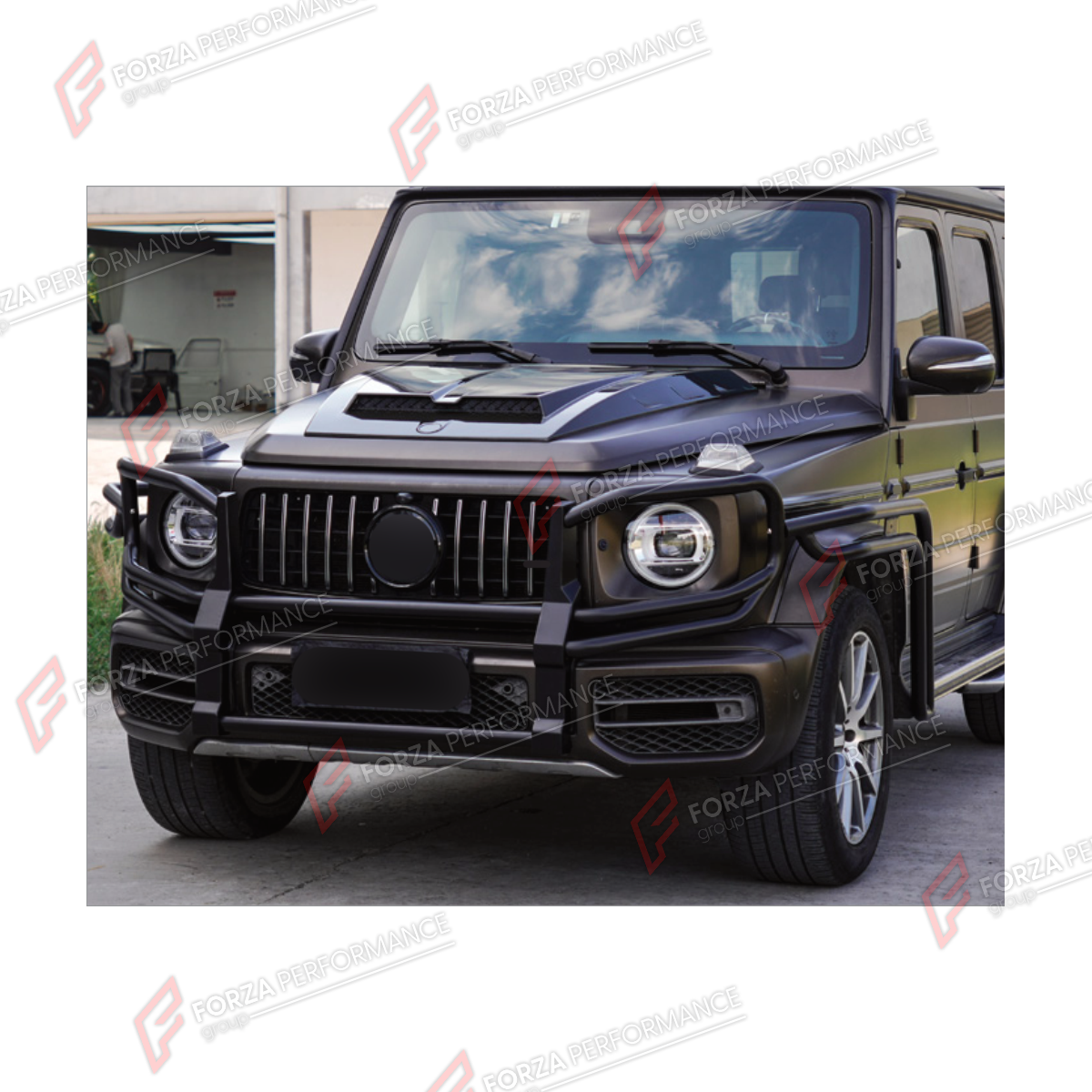 FRONT BUMPER BULL BAR for MERCEDES-BENZ G-CLASS W464 G63 2019 - 2024 FORZA PERFORMANCE custom fit Off-Road
Set includes:

Front Bumper Bull Bar
Material: Plastic, Stainless Steel, Aluminium

NOTE: Professional installation is required.