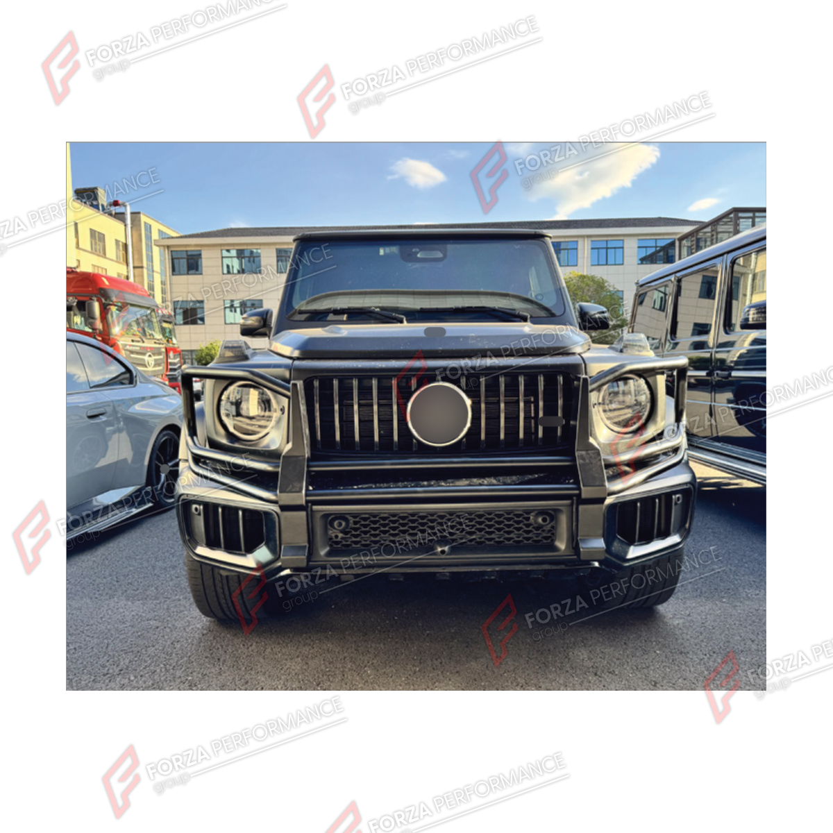 FRONT BUMPER BULL BAR for MERCEDES-BENZ G-CLASS W465 G63 G450D G500 G550 2025+ FORZA PERFORMANCE custom fit KO Style
Set includes:

Front Bumper Bull Bar
Material: Plastic, Stainless Steel, Aluminium

NOTE: Professional installation is required.