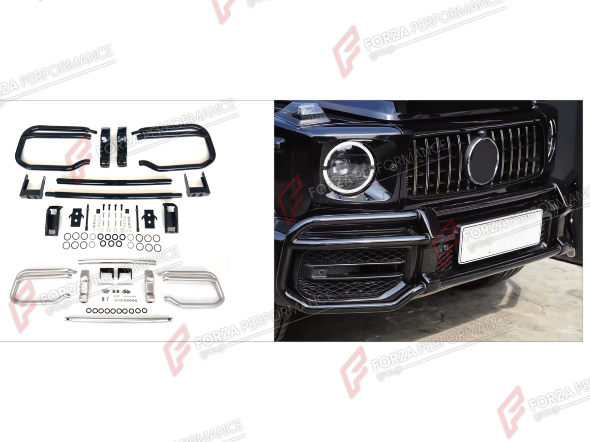 FRONT BUMPER GUARD PROTECTION for Mercedes-Benz G-Class W464 G63 2019 - 2024
Set includes:

Front Bumper Guard Protection
Material: Plastic, Stainless Steel

NOTE: Professional installation is required.