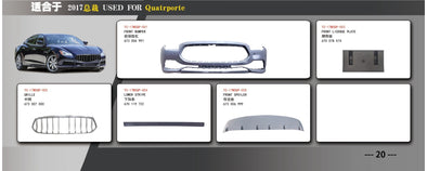 FRONT BUMPER WITH GRILLE for MASERATI QUATTROPORTE 2017  Set includes:  Front Bumper (670 006 997) Front License Plate (670 078 574) Grille (673 007 000) Lower Stripe (670 119 722) Front Spoiler (673 006 999)