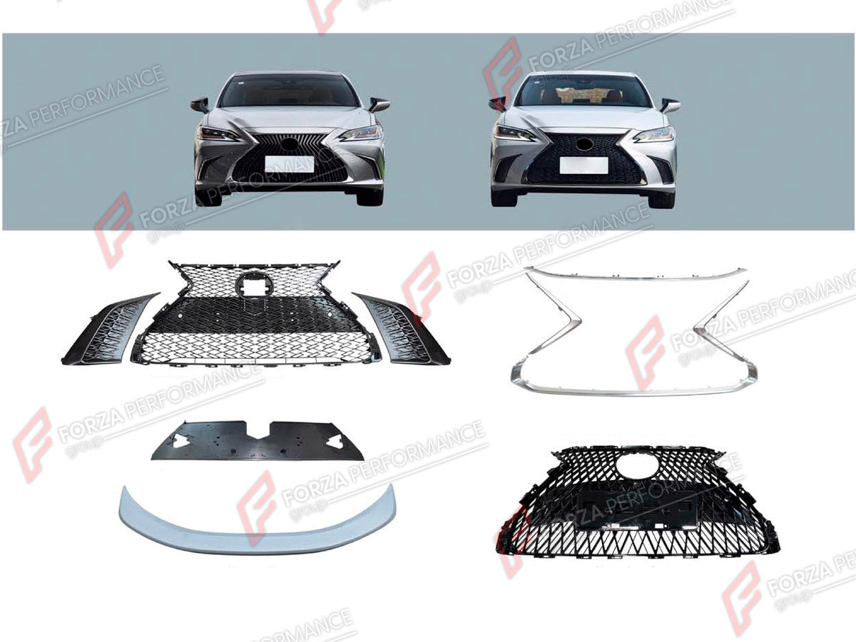 FRONT GRILLE AND DUCKTAIL SPOILER for LEXUS ES200 2018+ FORZA PERFORMANCE custom fit F-Sport Style

Set includes:
Front Grille
Ducktail Spoiler

Material: Plastic

NOTE: Professional installation is required.