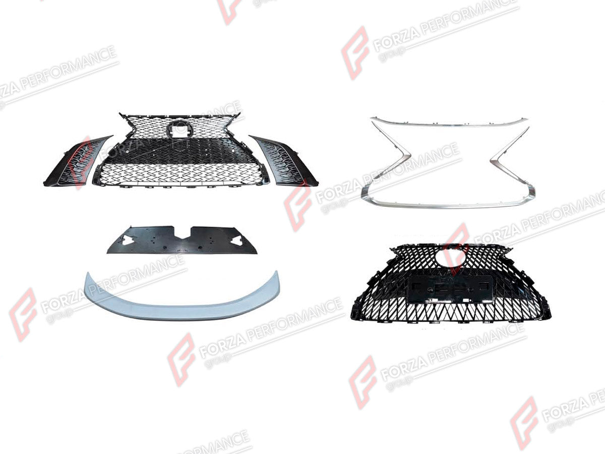 FRONT GRILLE AND DUCKTAIL SPOILER for LEXUS ES200 2018+ FORZA PERFORMANCE custom fit F-Sport Style

Set includes:
Front Grille
Ducktail Spoiler

Material: Plastic

NOTE: Professional installation is required.