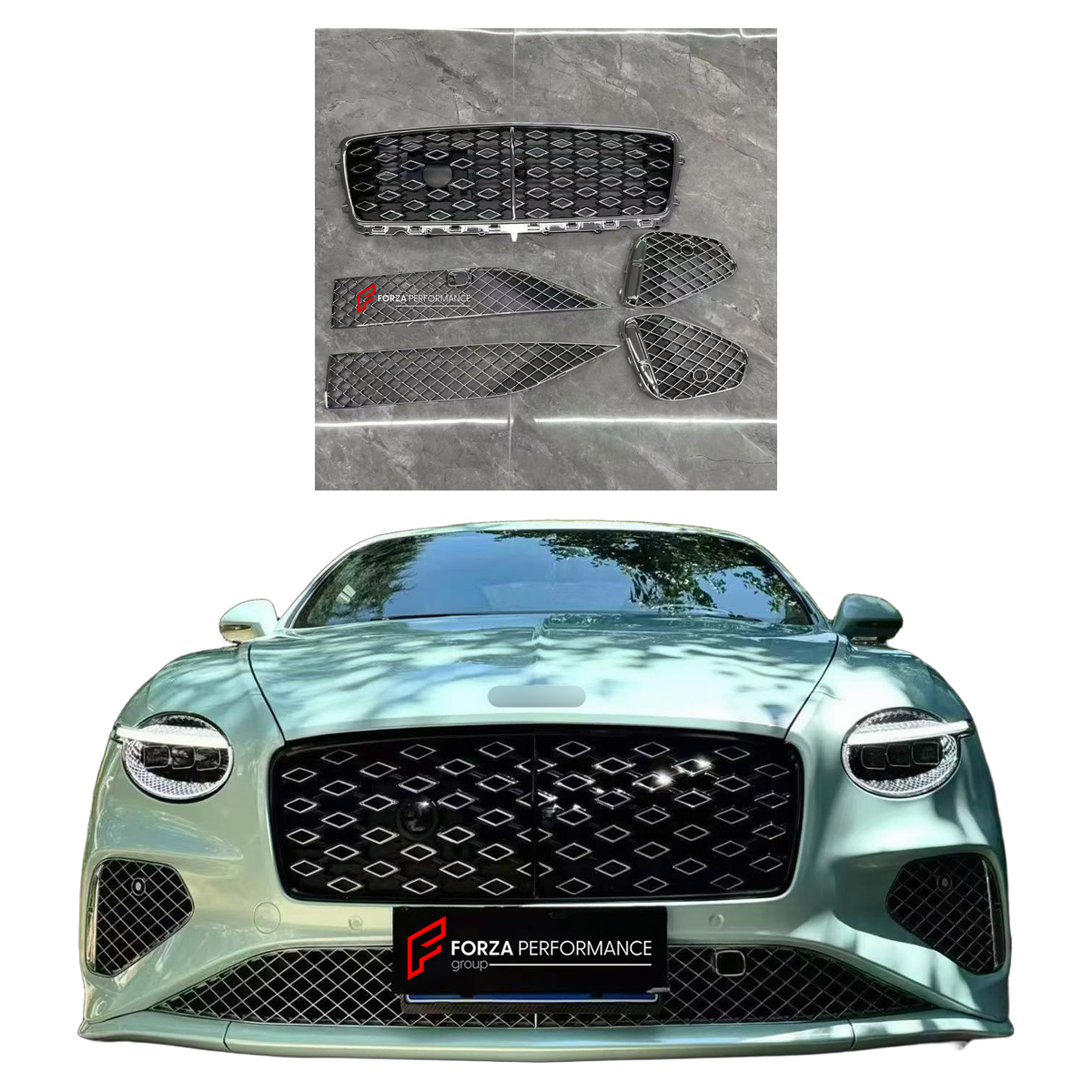FRONT GRILLE for BENTLEY CONTINENTAL GT IV 2024+ FORZA PERFORMANCE custom fit Mulliner Style

Set includes:
Front Grille

Material: Plastic

NOTE: Professional installation is required.