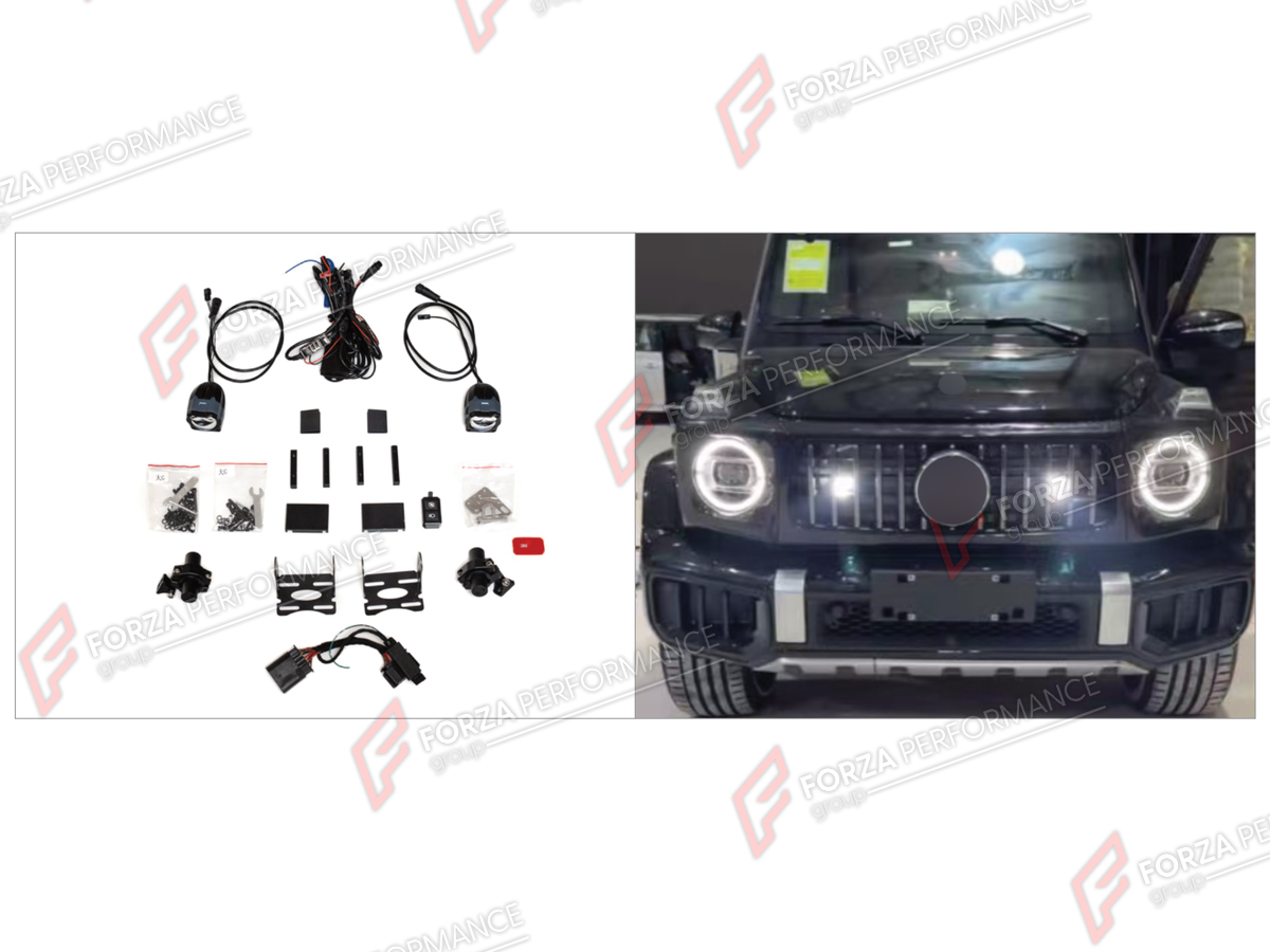 FRONT GRILLE SPOTLIGHT KIT for MERCEDES-BENZ G-CLASS W464 G63 2019 - 2024 FORZA PERFORMANCE custom fit AES concealed

Set includes:
Front Grille Spotlight Kit

Material: Plastic

NOTE: Professional installation is required.