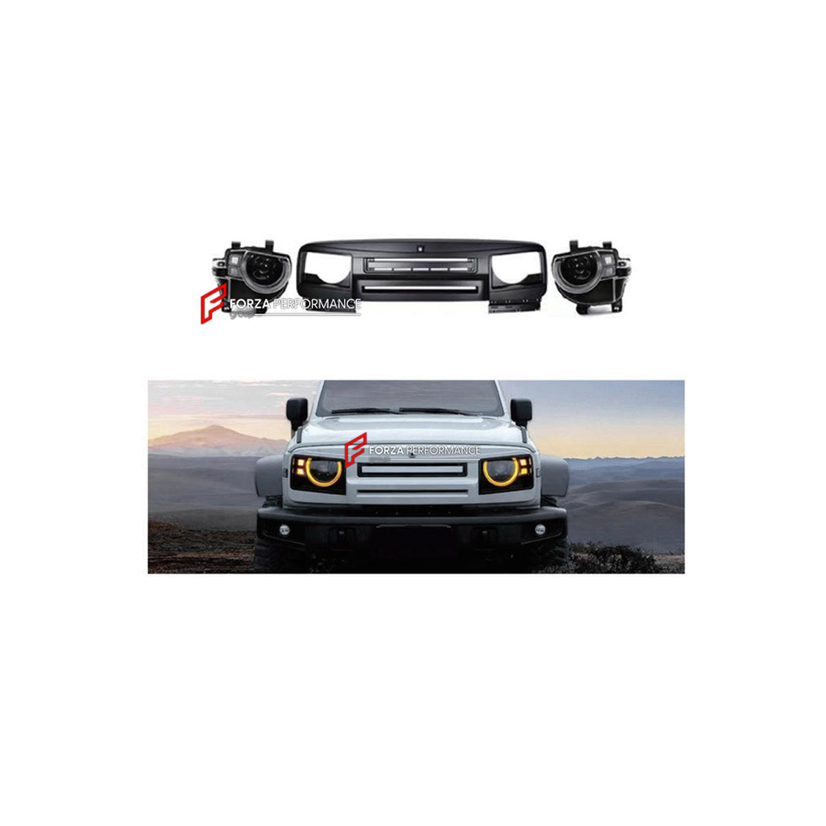 FRONT GRILLE WITH LED LIGHTS for TANK 300 2020+ FORZA PERFORMANCE custom fit Defender Style

Set includes:
Front Grille
LED Lights

Material: Plastic

NOTE: Professional installation is required.