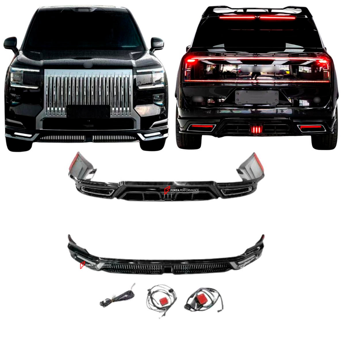 FRONT LIP REAR DIFFUSER for ZEEKR 9X 2025+
Set includes:

Front Lip
Rear Diffuser
Material: Plastic

NOTE: Professional installation is required.