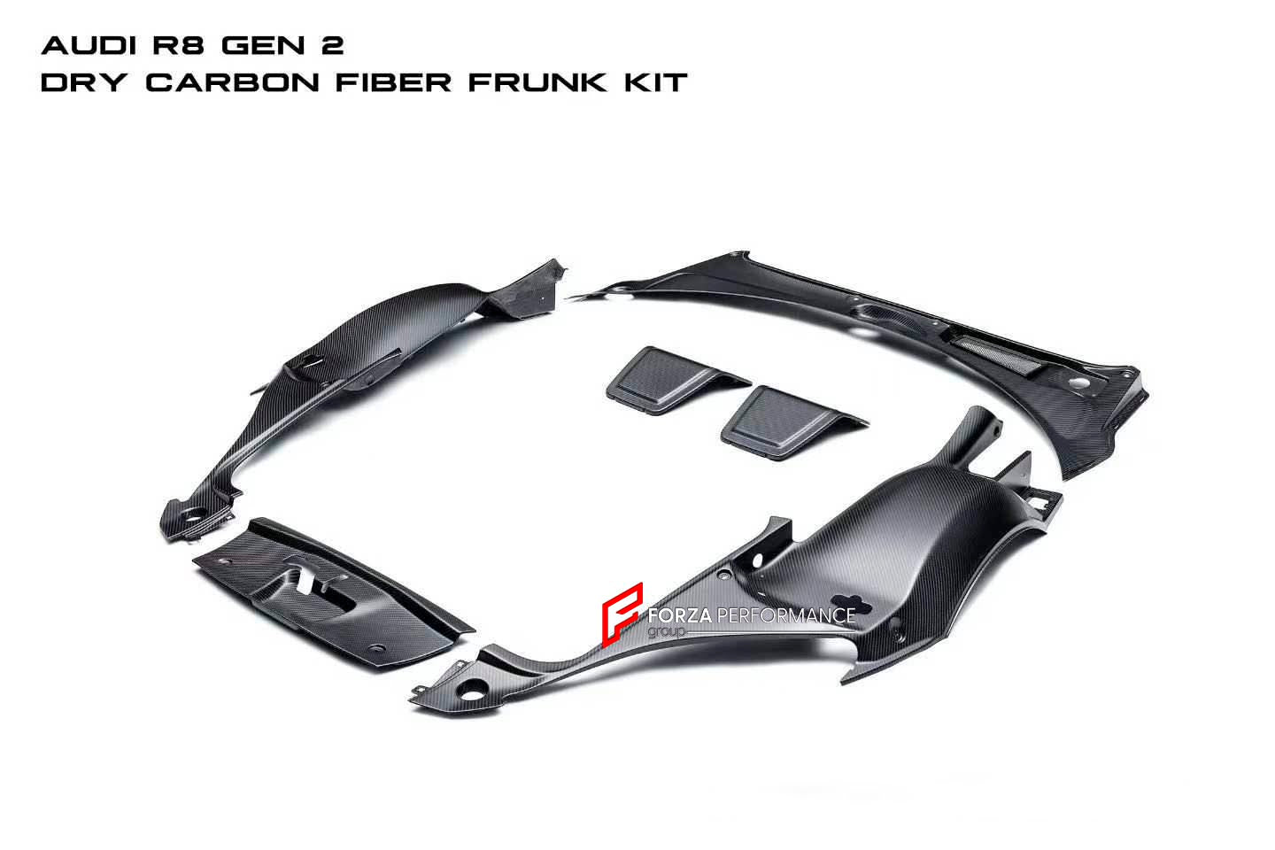 FRONT TRUNK AREA CLUSTER SURROUND for Audi R8 FACELIFT 2019 - 2023
Set includes:

Trunk Area Surround
Material: Dry Carbon

NOTE: Professional installation is required.