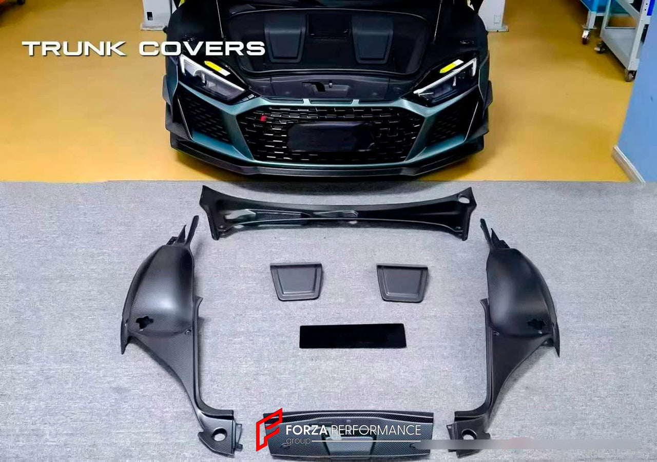 FRONT TRUNK AREA CLUSTER SURROUND for Audi R8 FACELIFT 2019 - 2023
Set includes:

Trunk Area Surround
Material: Dry Carbon

NOTE: Professional installation is required.