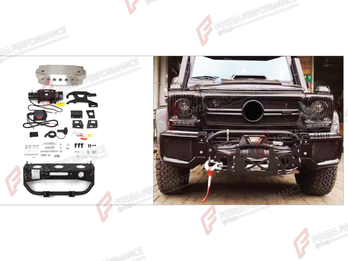 FRONT WINCH WITH MOTOR AND WIRES for Mercedes-Benz G-Class W463 2008 - 2018
Set includes:

Front Winch With Motor And Wires
Front Bumper Bull Bar
Front Skid Plate
Material: Plastic, Stainless Steel, Aluminium, Titanium

NOTE: Professional installation is required.