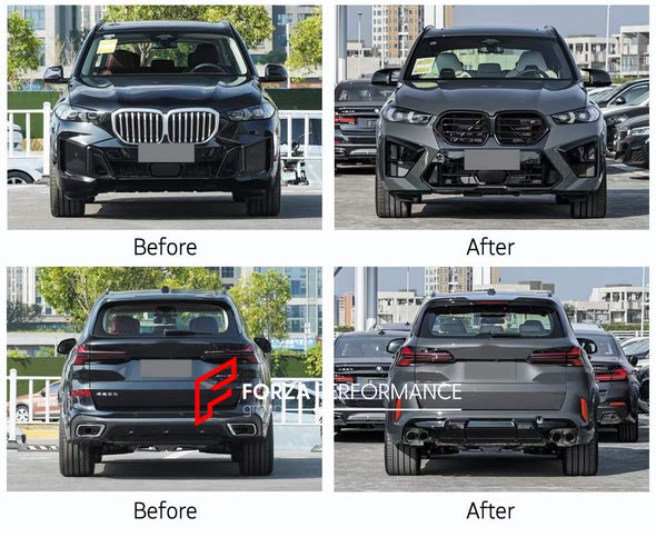 CONVERSION BODY KIT for BMW X5 G05 2018 - 2023 to X5M F95 LCI 2023+  Set includes:  Front Bumper Assembly Headlights Fender Flares Rear Bumper Assembly Tail Lights Exhaust Tips