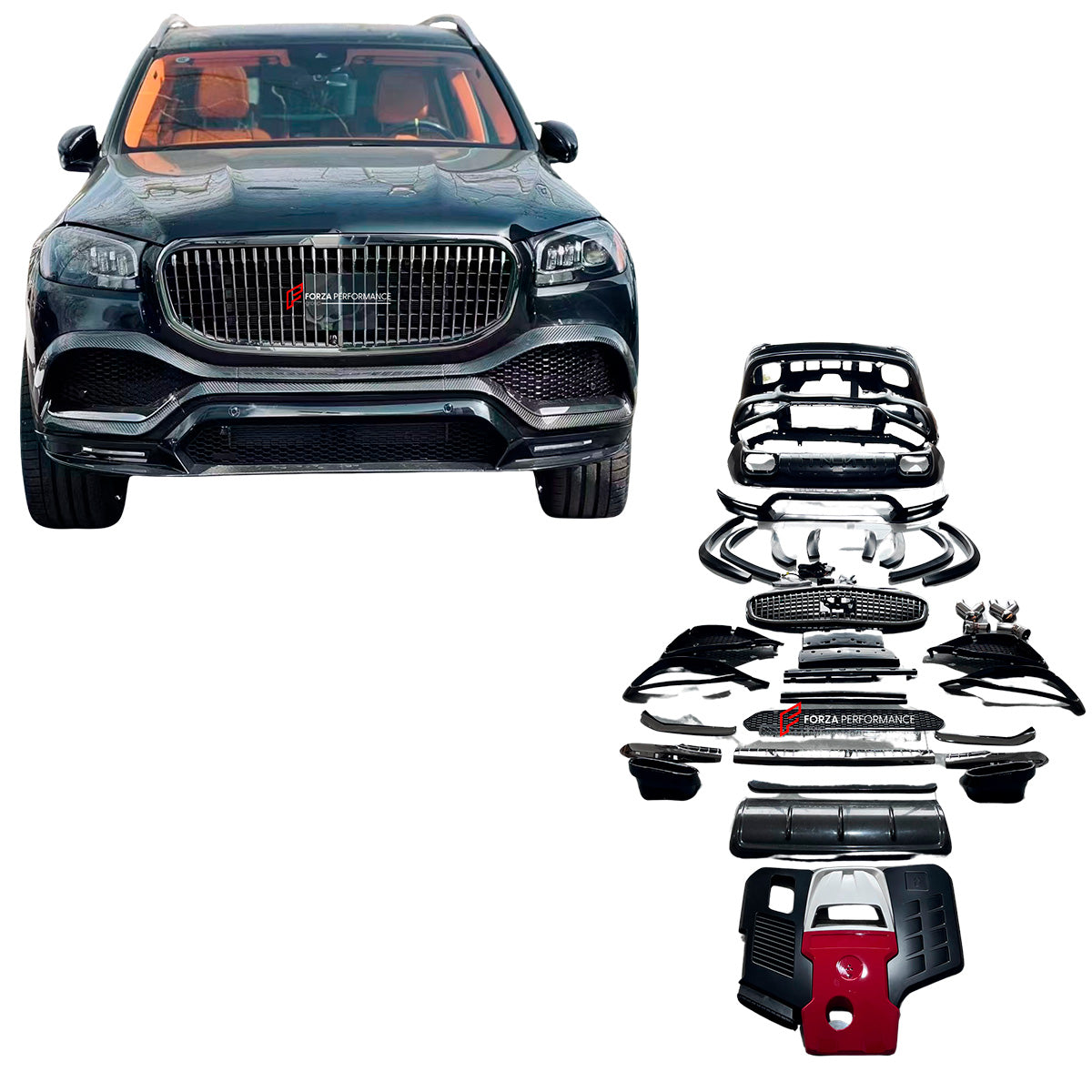 BODY KIT for MERCEDES-BENZ GLS X167 2019+ GLS MAYBACH STYE

Set includes:

Front Bumper
Front Grille
Engine Cover
Front Bumper Air Vents
Side Fenders
Exhaust Tips
Rear Bumper
Rear Diffuser

Material: Plastic + Carbon Fiber

NOTE: Professional installation is required