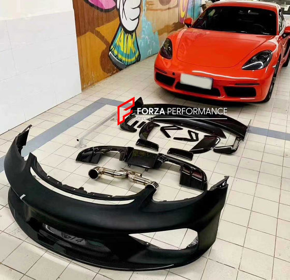 Conversion Body Kit for Porsche 718 981 Cayman & Boxster to GT4   Set includes:  Front bumper Front lip Front fenders Front vent covers Hood Rear bumper Rear fenders Rear diffuser  Spoiler  Exhaust system