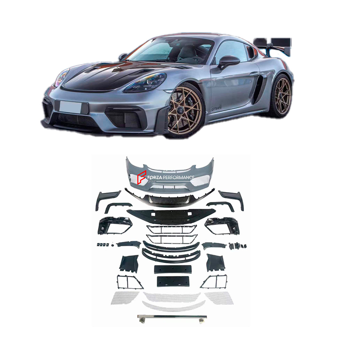 GT4RS BODY KIT for PORSCHE 718 982 CAYMAN BOXSTER 2016+  Set includes:  Front Bumper Rear Spoiler Exhaust Tips Side Air Vent Covers