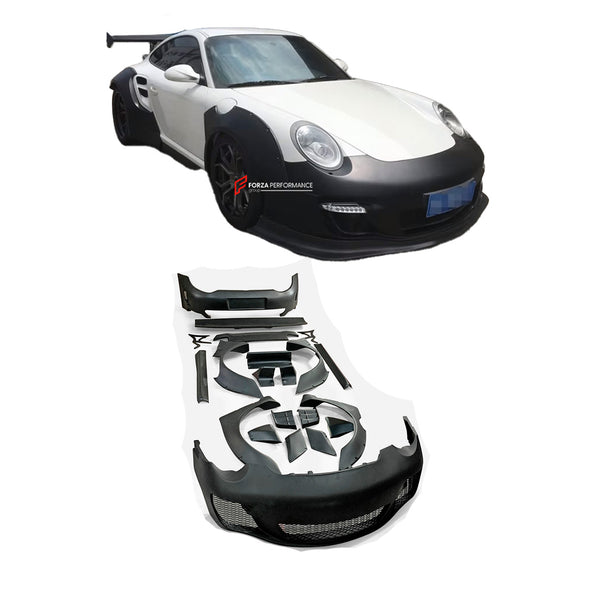 WIDE BODY KIT for PORSCHE 911 997.2 2008 - 2013

Set includes:

Front Lip
Front Bumper

Fender Flares
Side skirts
Rear Spoiler
Rear Bumper

Material: Fiberglass

NOTE: Professional installation is required