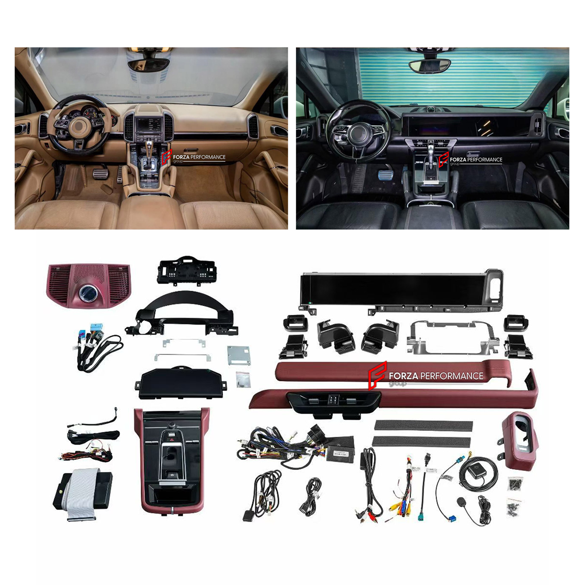 INTERIOR KIT for PORSCHE CAYENNE 958.1 958.2 E2 92A 2010 - 2018

Set includes:
Dashboard Instrument Cluster Trim
Central Control Panel Trim
Center Console Trim Cover
Dashboard Trim Kit
Dashboard Side Air Vents Covers

NOTE: Professional installation is required.