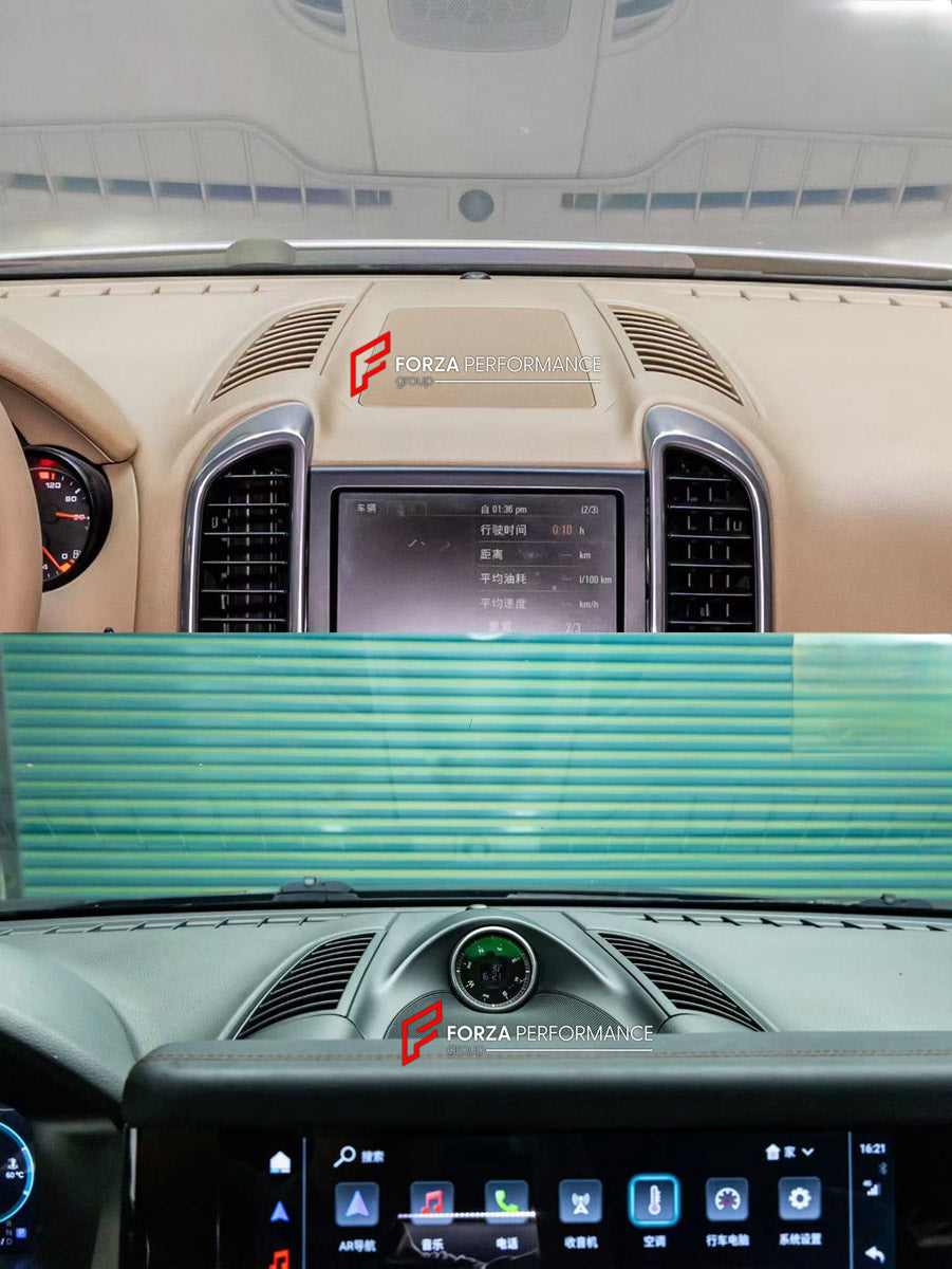 INTERIOR KIT for PORSCHE CAYENNE 958.1 958.2 E2 92A 2010 - 2018

Set includes:
Dashboard Instrument Cluster Trim
Central Control Panel Trim
Center Console Trim Cover
Dashboard Trim Kit
Dashboard Side Air Vents Covers

NOTE: Professional installation is required.