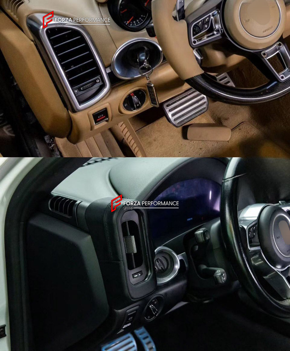 INTERIOR KIT for PORSCHE CAYENNE 958.1 958.2 E2 92A 2010 - 2018

Set includes:
Dashboard Instrument Cluster Trim
Central Control Panel Trim
Center Console Trim Cover
Dashboard Trim Kit
Dashboard Side Air Vents Covers

NOTE: Professional installation is required.