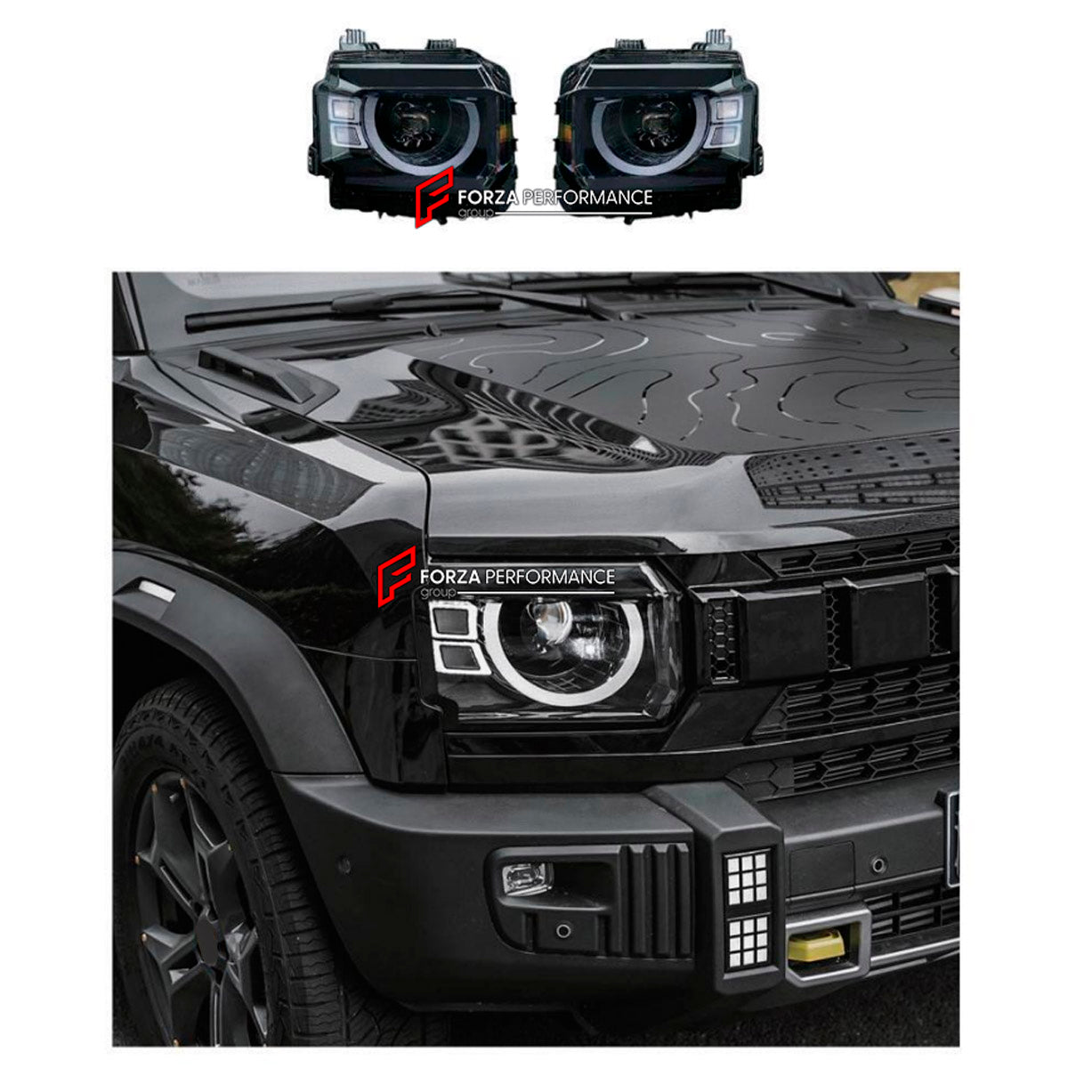 LED HEADLIGHTS for JETOUR T2 TRAVELLER 2024+ FORZA PERFORMANCE custom fit Defender Style

Set includes:
LED Headlights

Material: Plastic

NOTE: Professional installation is required.