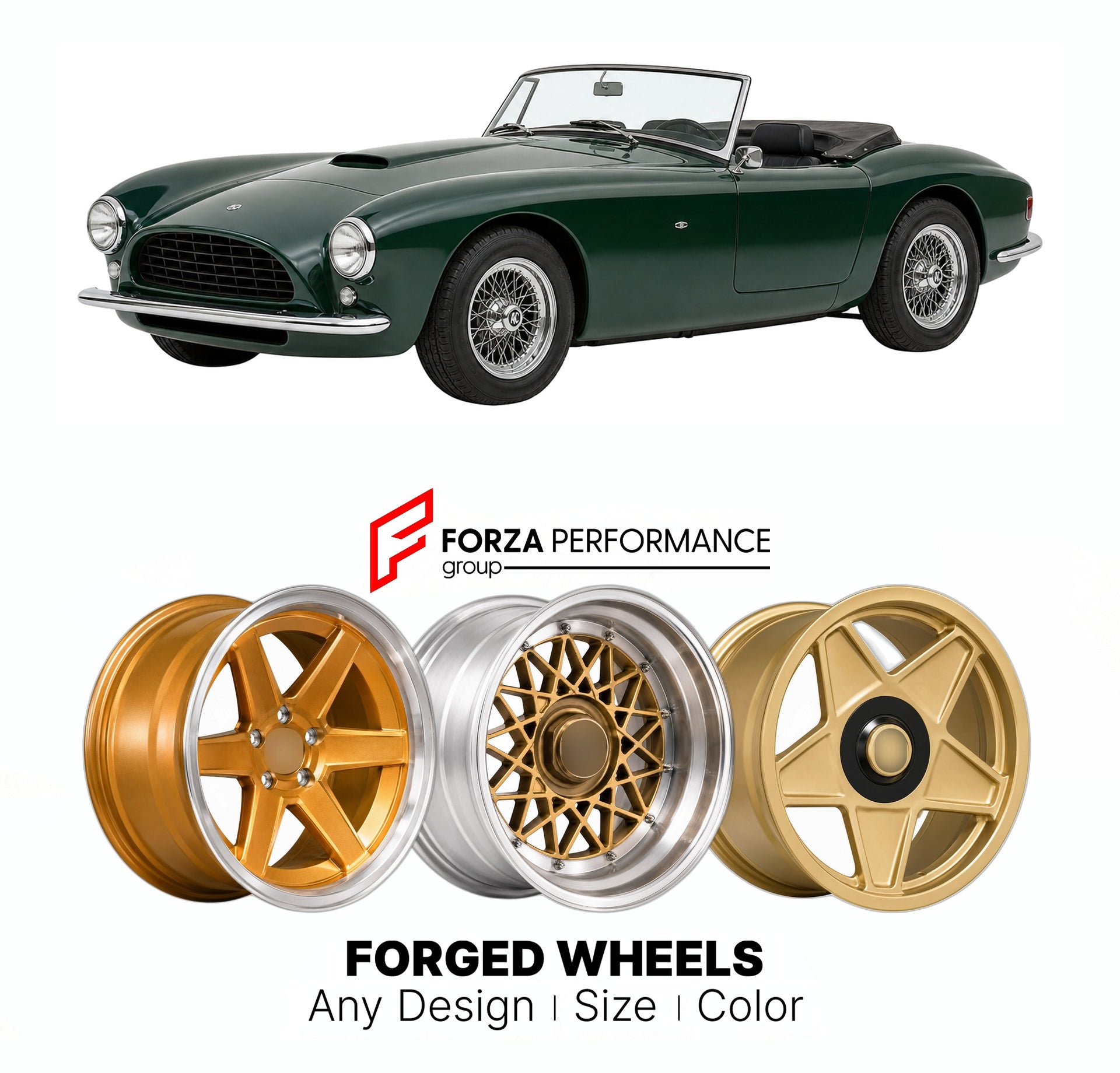 CUSTOM CLASSIC VINTAGE RESTOMOD RETRO OLD SCHOOL FORGED WHEELS RIMS for AC ACE BROOKLANDS 1993 - 2000

Custom forged wheels for AC Ace Brooklands 1993 - 2000. Classic, vintage, restomod wheel designs made to order in custom sizes, offsets, colors and finishes.

We manufacture premium quality forged wheels rims for AC Ace Brooklands 1993 - 2000 in any design, size, color.

THIS WHEEL DESIGN CAN BE CUSTOM-MADE FOR YOUR CAR IN ANY SIZE AND COLOR OPTIONS
Available in monoblock, 2-piece, 3-piece, duoblock, beadl