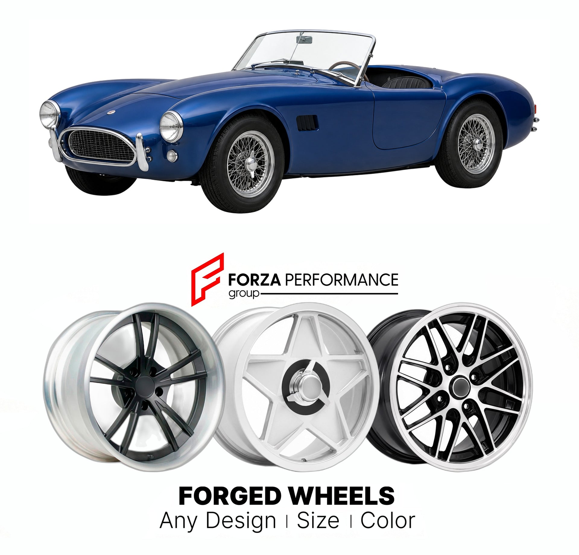 CUSTOM CLASSIC VINTAGE RESTOMOD RETRO OLD SCHOOL FORGED WHEELS RIMS for AC COBRA MK I MK II MK III 1962 - 1967

Custom forged wheels for AC Cobra MK I MK II MK III 1962 - 1967. Classic, vintage, restomod wheel designs made to order in custom sizes, offsets, colors and finishes.

We manufacture premium quality forged wheels rims for AC Cobra MK I MK II MK III 1962 - 1967 in any design, size, color.

THIS WHEEL DESIGN CAN BE CUSTOM-MADE FOR YOUR CAR IN ANY SIZE AND COLOR OPTIONS
Available in monoblock, 2-piec