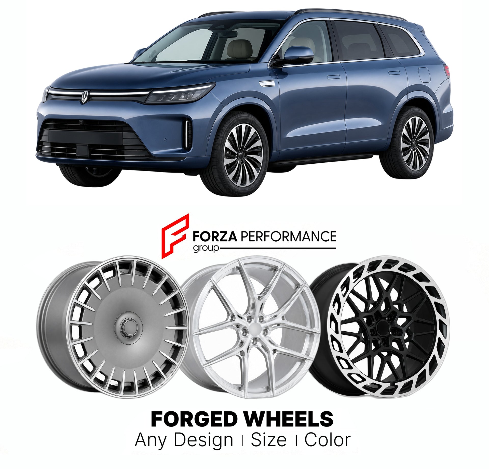 Custom forged wheels for AITO Seres Huawei M7 2022+. Made-to-order monoblock, 2-piece and 3-piece wheels in custom sizes, offsets, colors and finishes with guaranteed vehicle fitment.

We manufacture premium quality forged wheels rims for AITO Seres Huawei M7 2022+ in any design, size, color.

THIS WHEEL DESIGN CAN BE CUSTOM-MADE FOR YOUR CAR IN ANY SIZE AND COLOR OPTIONS
Available in monoblock, 2-piece, 3-piece, duoblock, beadlock
3D wheel renderings are provided according to the exact dimensions and speci