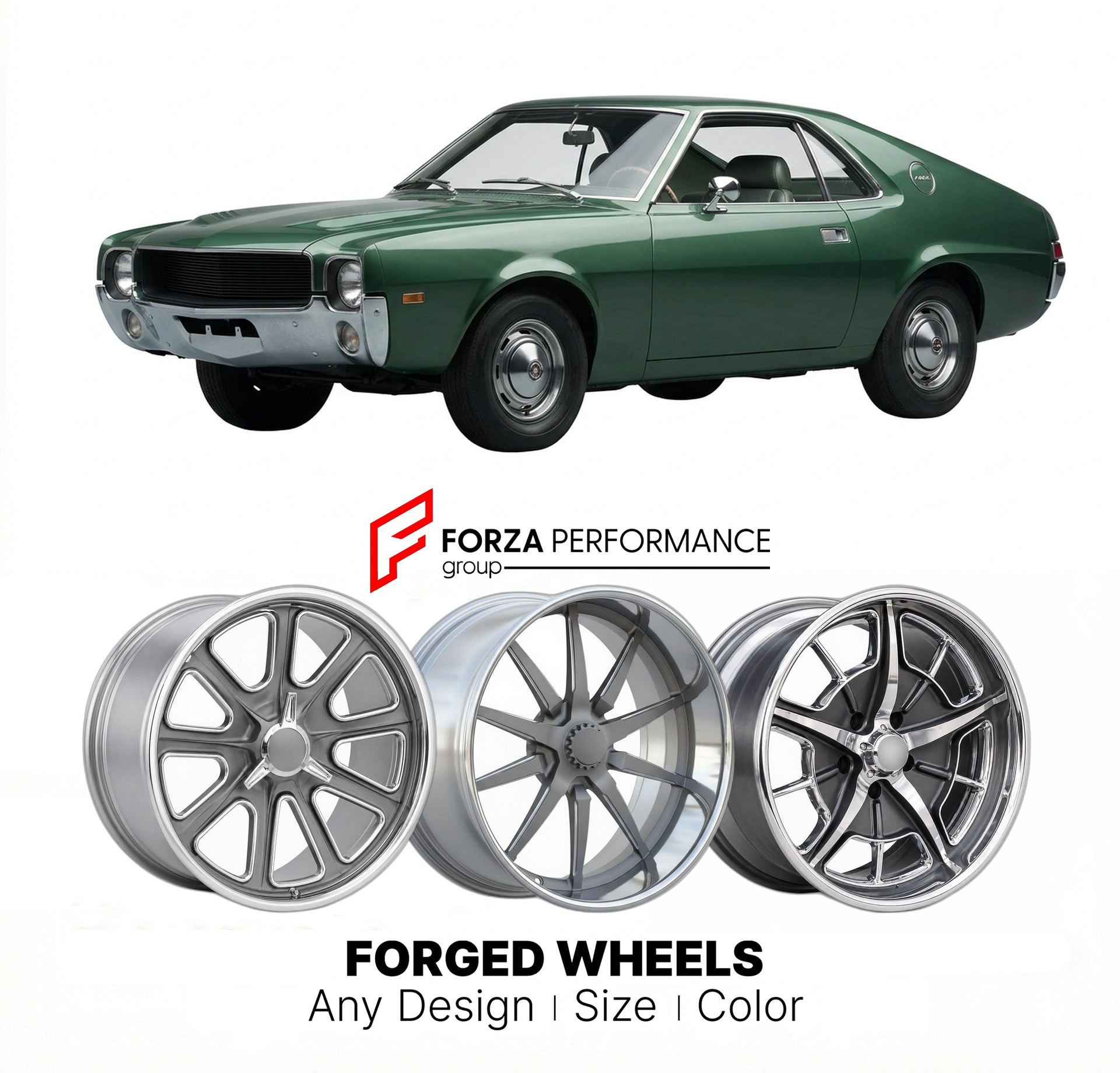 CUSTOM CLASSIC VINTAGE RESTOMOD RETRO OLD SCHOOL FORGED WHEELS RIMS for AMC AMX 1968 - 1970
Custom forged wheels for classic American muscle cars. Ideal for restomod builds, vintage restorations, and show cars. Deep dish and retro styling available.

We manufacture premium quality forged wheels rims for AMC AMX 1968 - 1970 in any design, size, color.

THIS WHEEL DESIGN CAN BE CUSTOM-MADE FOR YOUR CAR IN ANY SIZE AND COLOR OPTIONS
Available in monoblock, 2-piece, 3-piece, duoblock, beadlock
3D wheel renderin