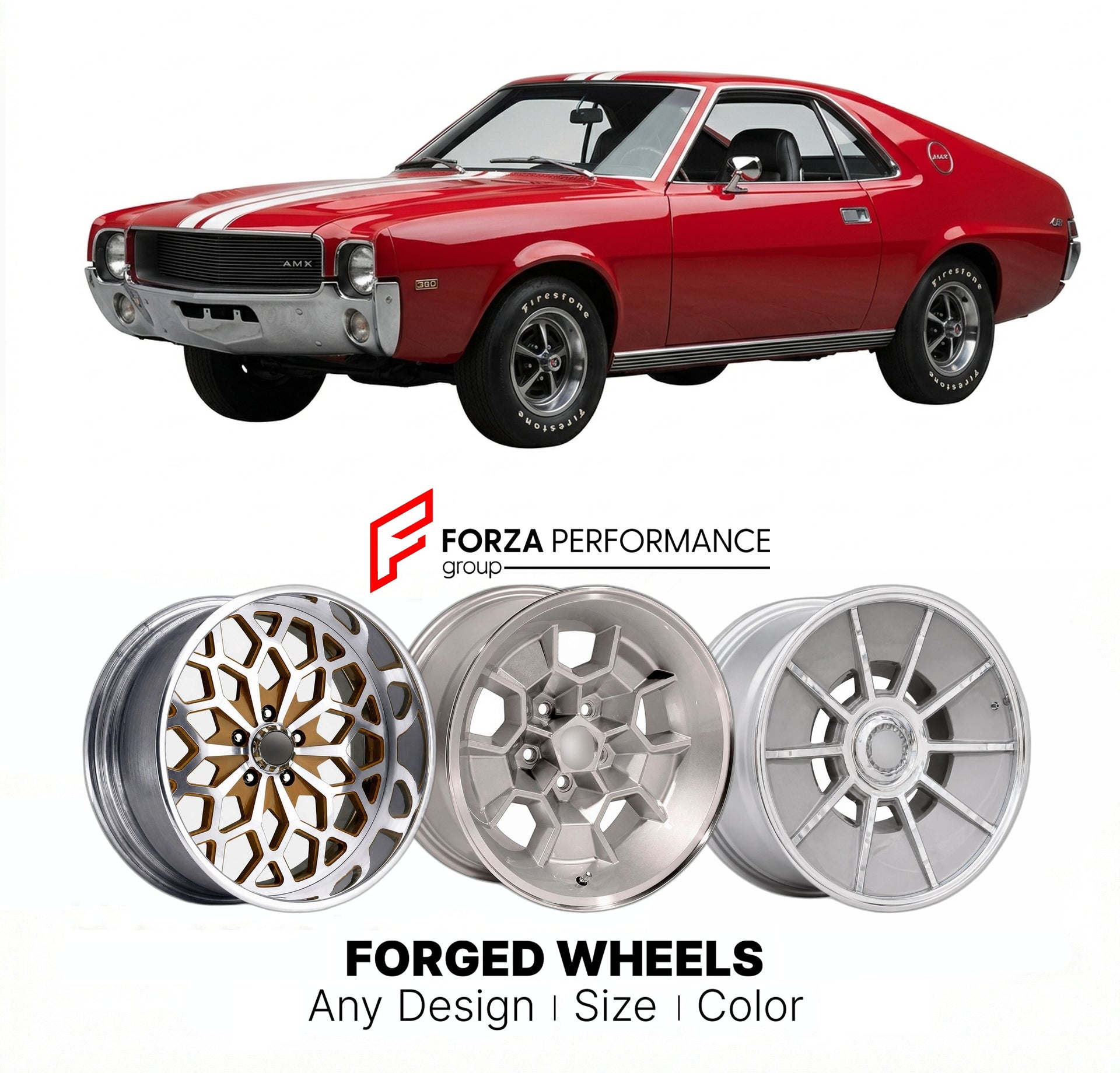 CUSTOM CLASSIC VINTAGE RESTOMOD RETRO OLD SCHOOL FORGED WHEELS RIMS for AMC AMX 390 1968 - 1970
Custom forged wheels for classic American muscle cars. Ideal for restomod builds, vintage restorations, and show cars. Deep dish and retro styling available.

We manufacture premium quality forged wheels rims for AMC AMX 390 1968 - 1970 in any design, size, color.

THIS WHEEL DESIGN CAN BE CUSTOM-MADE FOR YOUR CAR IN ANY SIZE AND COLOR OPTIONS
Available in monoblock, 2-piece, 3-piece, duoblock, beadlock
3D wheel 