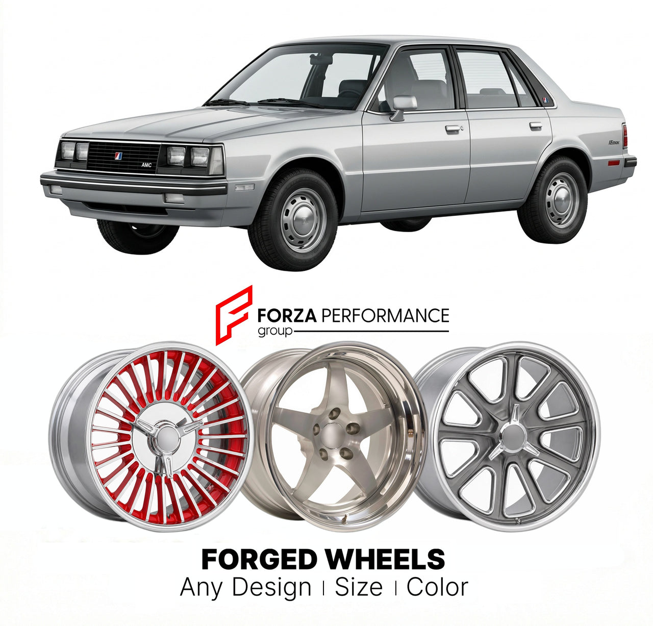 CUSTOM CLASSIC VINTAGE RESTOMOD RETRO OLD SCHOOL FORGED WHEELS RIMS for AMC ALLIANCE 1983 - 1987
Custom forged wheels for classic American muscle cars. Ideal for restomod builds, vintage restorations, and show cars. Deep dish and retro styling available.

We manufacture premium quality forged wheels rims for AMC Alliance 1983 - 1987 in any design, size, color.

THIS WHEEL DESIGN CAN BE CUSTOM-MADE FOR YOUR CAR IN ANY SIZE AND COLOR OPTIONS
Available in monoblock, 2-piece, 3-piece, duoblock, beadlock
3D whee