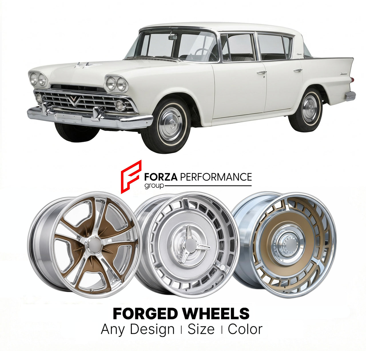 CUSTOM CLASSIC VINTAGE RESTOMOD RETRO OLD SCHOOL FORGED WHEELS RIMS for AMC AMBASSADOR 1958 - 1974
Custom forged wheels for classic American muscle cars. Ideal for restomod builds, vintage restorations, and show cars. Deep dish and retro styling available.

We manufacture premium quality forged wheels rims for AMC Ambassador 1958 - 1974 in any design, size, color.

THIS WHEEL DESIGN CAN BE CUSTOM-MADE FOR YOUR CAR IN ANY SIZE AND COLOR OPTIONS
Available in monoblock, 2-piece, 3-piece, duoblock, beadlock
3D 