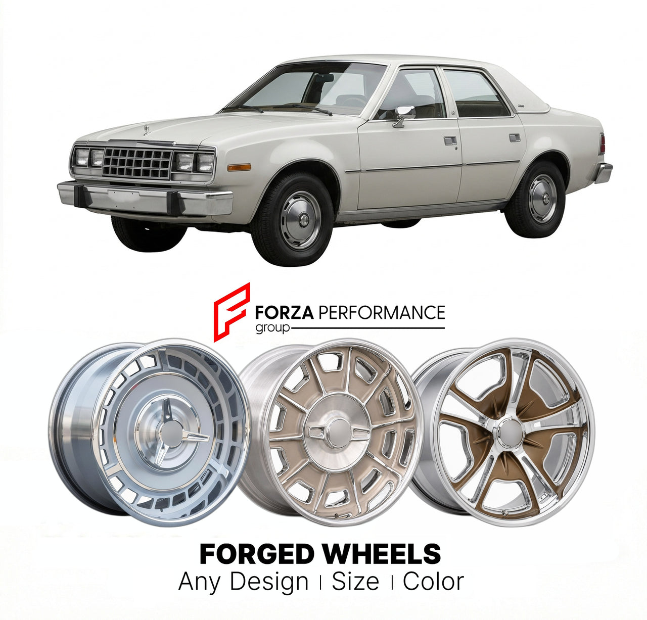 CUSTOM CLASSIC VINTAGE RESTOMOD RETRO OLD SCHOOL FORGED WHEELS RIMS for AMC CONCORD 1978 - 1983
Custom forged wheels for classic American muscle cars. Ideal for restomod builds, vintage restorations, and show cars. Deep dish and retro styling available.

We manufacture premium quality forged wheels rims for AMC Concord 1978 - 1983 in any design, size, color.

THIS WHEEL DESIGN CAN BE CUSTOM-MADE FOR YOUR CAR IN ANY SIZE AND COLOR OPTIONS
Available in monoblock, 2-piece, 3-piece, duoblock, beadlock
3D wheel 