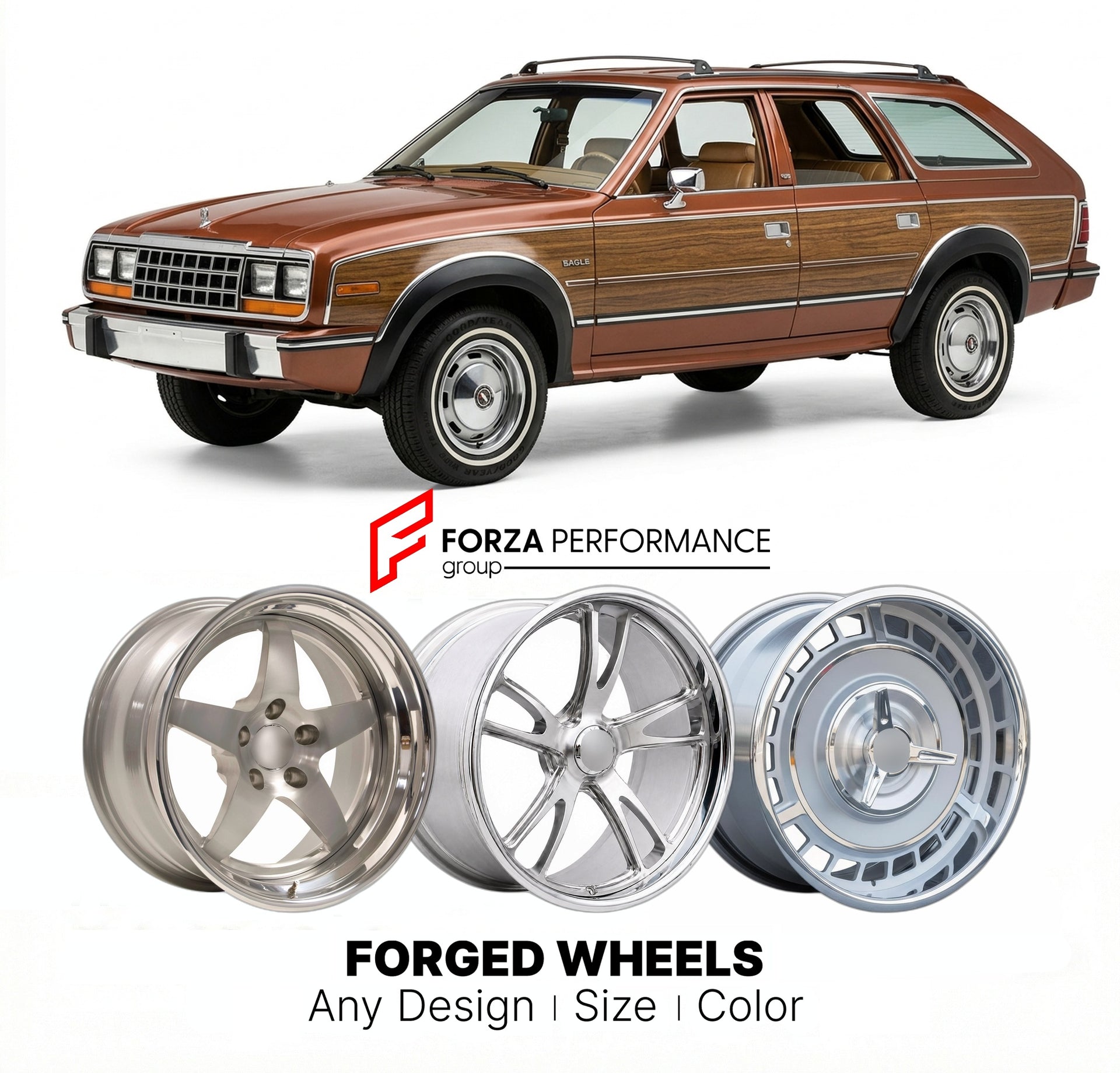 CUSTOM CLASSIC VINTAGE RESTOMOD RETRO OLD SCHOOL FORGED WHEELS RIMS for AMC EAGLE 1979 - 1988
Custom forged wheels for classic American muscle cars. Ideal for restomod builds, vintage restorations, and show cars. Deep dish and retro styling available.

We manufacture premium quality forged wheels rims for AMC Eagle 1979 - 1988 in any design, size, color.

THIS WHEEL DESIGN CAN BE CUSTOM-MADE FOR YOUR CAR IN ANY SIZE AND COLOR OPTIONS
Available in monoblock, 2-piece, 3-piece, duoblock, beadlock
3D wheel rend