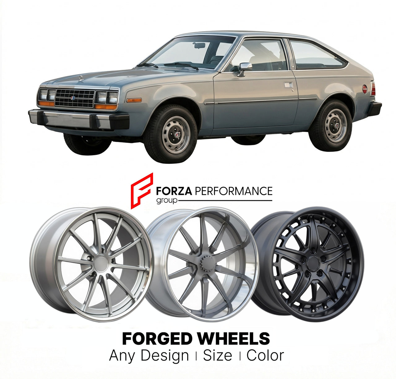 CUSTOM CLASSIC VINTAGE RESTOMOD RETRO OLD SCHOOL FORGED WHEELS RIMS for AMC ENCORE 1984 - 1987
Custom forged wheels for classic American muscle cars. Ideal for restomod builds, vintage restorations, and show cars. Deep dish and retro styling available.

We manufacture premium quality forged wheels rims for AMC Encore 1984 - 1987 in any design, size, color.

THIS WHEEL DESIGN CAN BE CUSTOM-MADE FOR YOUR CAR IN ANY SIZE AND COLOR OPTIONS
Available in monoblock, 2-piece, 3-piece, duoblock, beadlock
3D wheel re
